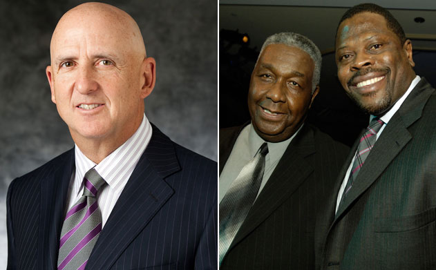 A splitscreen image with David Falk on the left and Coach Thompson with Patrick Ewing (C'85) on the right.