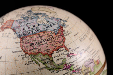 A photo of a globe depicting North America.