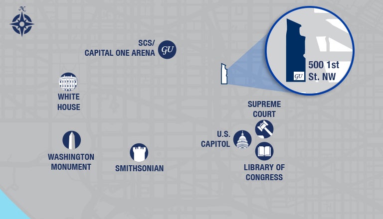 Graphic showing the locations of the White House, Washington Monument, Smithsonian, Georgetown's School of Continuing Studies, Capital One Arena, Library of Congress, Supreme Court, U.S. Capitol and 500 1st Street NW on a map