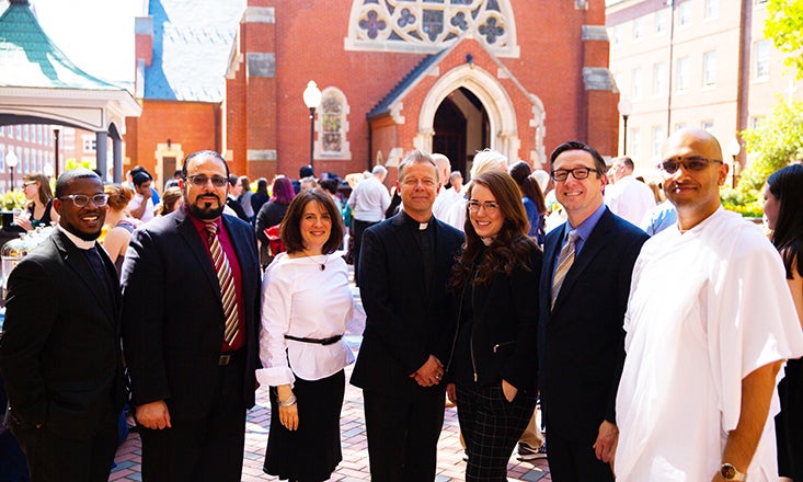 Rev. Brandon Harris, Iman Yahya Hendi, Rabbi Rachel Gartner, Rev. Gregory Schenden, S.J., Rev. Olivia Lane, Rev. Bryant Oskvig and Brahmachari Vraj Vihari Sharan