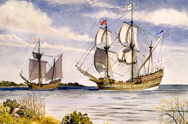 An illustration of the Ark and the Dove ships. 