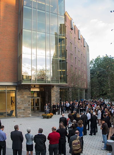 Georgetown community stands outside Pedro Arrupe, S.J. Hall large residence building