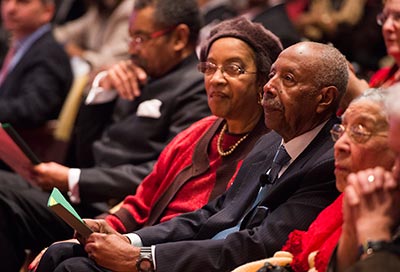 The Gaston Hall audience listens to speakers remarks.