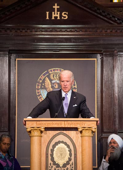 Vice President Joseph R. Biden Jr. addresses a Georgetown in Gaston Hall.