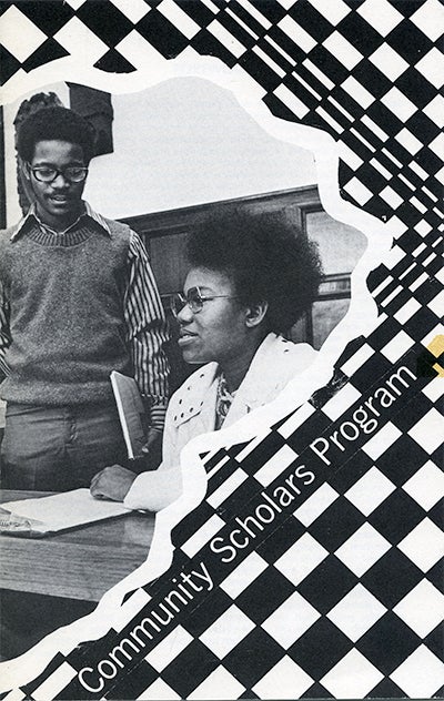 A black and white Community Scholars Program brochure features two students circa the 1970s.