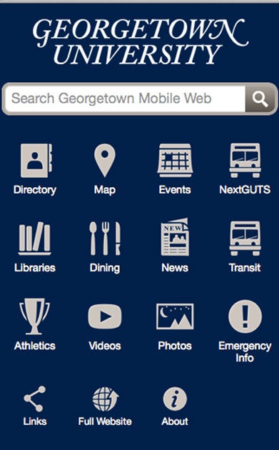 A photo of the dark blue homepage for the Georgetown University app.