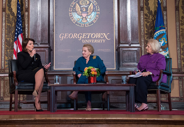 Atifete Jahjaga, Madeleine Albright and Melanne Verveer sit on stage in Gaston Hall.