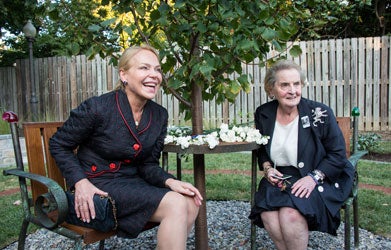 Dagmar Havlová, Havel’s wife and former first lady of the Czech Republic, and professor Madeleine Albright take a seat at "Václav Havel's Place" in Alumni Square.