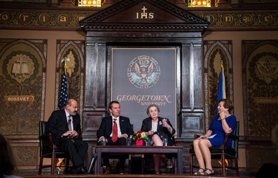 Monsignor Tomáš Halík, former Havel advisor and sociology professor at Charles University in Prague; Šimon Pánek, former Czech student activist; Madeleine Albright, Mortara Distinguished Professor of Diplomacy; and Angela Stent, director of the Center for Eurasian, Russian and Eastern European Studies, explore Václav Havel’s legacy onstage in Gaston Hall.