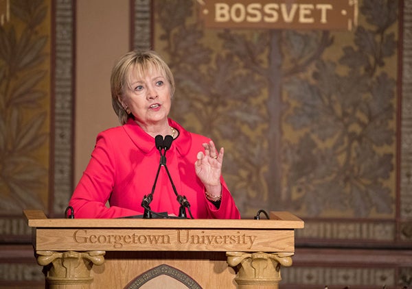 Hillary Rodham Clinton at the podium in Gaston Hall