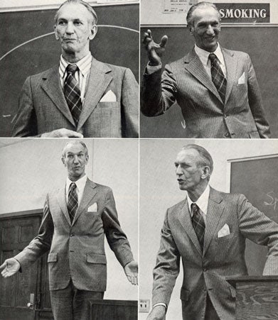 Four images of Jan Karski in a classroom lecturing.