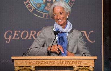 Christine Lagarde on Gaston Hall's stage.