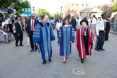 President DeGioia, left, walks with then-Costa Rica President Laura Chinchilla Miranda (G’89) and then-SFS Dean Carol Lancaster during 2011 Commencement Exercises.