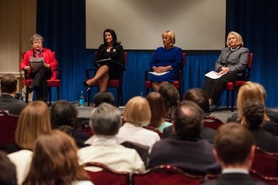 SFS Dean Carol Lancaster, left, serves on a panel with Kosovo President Atifete Jahjaga; Monica McWilliams, former chief commissioner of the Northern Ireland Human Rights Commission; and Melanne Verveer, executive director of the Georgetown Institute for Women, Peace and Security.