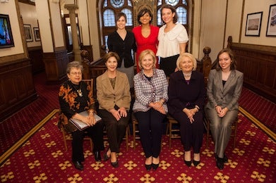 SFS Dean Carol Lancaster, left, sits with former First Lady Laura Bush, former U.S. Secretary of State Hillary Rodham Clinton, GWIPS executive director Melanne Verveer and other members of the GIWPS staff.