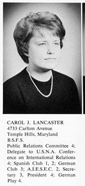 Image of a young Dean Lancaster with this text below: 4733 Carlton Avenue, Temple Hills, Maryland, B.S.F.S. Public Relations Committee 4: Delegate to U.S.N.A. Conference on International Relations 4; Spanish Club 1. 2: German Club 3: A.I.E.S.E.C. 2. Secretary 3, President 3: German Play 4.