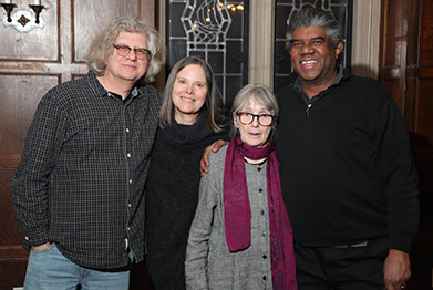 Ammiel Alcalay, the first Lannan Visiting Chair; award-winning poet Carolyn Forché, professor and Lannan Center director; Fanny Howe, the third Lannan Visiting Chair; and Mark McMorris, pose for a photo.