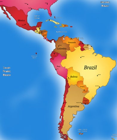 Map of Central America and South America.