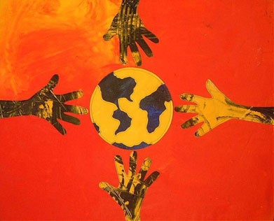 Four yellow and black hands reach for a yellow and black globe against orange background in Life Pieces to Masterpieces student art work 