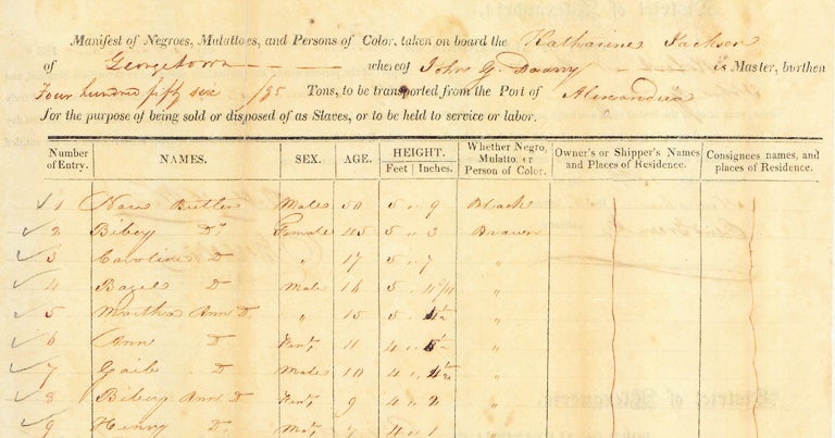  ship’s manifest displays the names of the enslaved men, women and children shipped to Louisiana plantation owners in 1838.