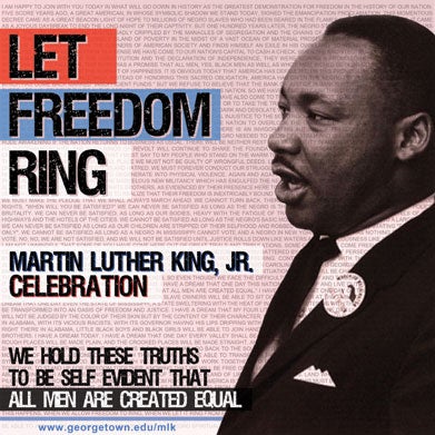 The logo for MLK Week. Pictured here is Martin Luther King Jr. speaking to an audience with the words "LET FREEDOM RING" in bold, black letters. 