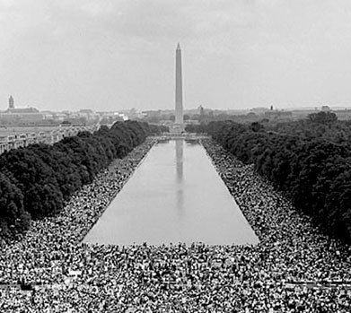 A black and white photo of the March on Washington. 