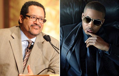 A splitscreen image with Professor Michael Eric Dyson on the left and Nas on the right.