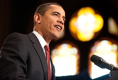 President Barack Obama at podium speaking in Gaston Hall