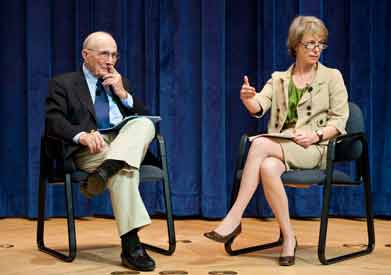 Dr. Edmund D. Pellegrino and Maggie Little, director of the Kennedy Institute of Ethics, discuss bioethics onstage during a 2009 event at Georgetown.