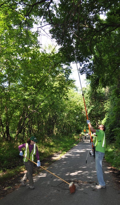 Students, dressed in yellow vests, use brooms to clean up a path bordered with leafy green trees.