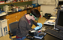 Grace Maglieri working in the lab wearing gloves and googles