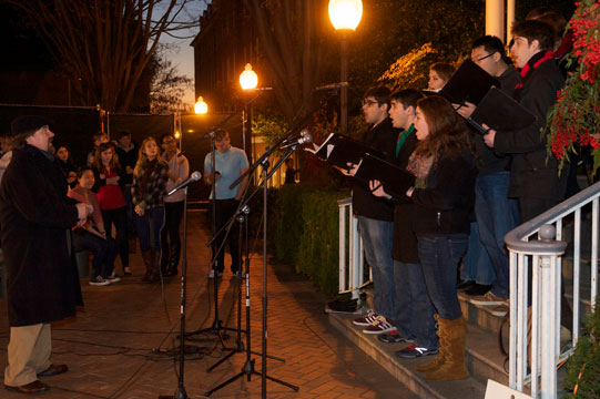 The Georgetown University Choir sings for the crowd on the McCourt steps.