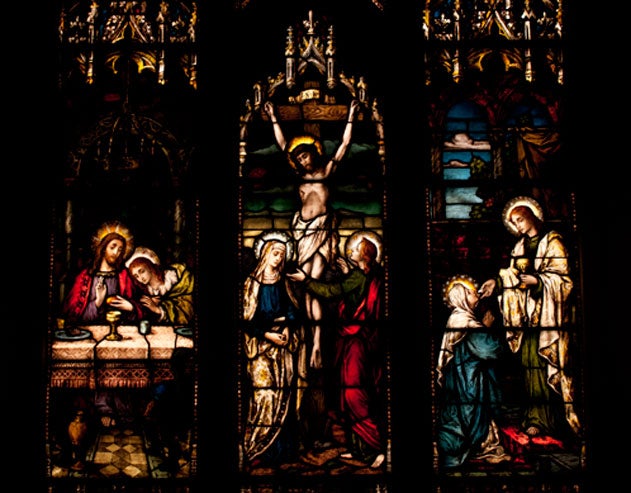 Stained glass windows portray Jesus and the apostles in Dahlgren Chapel