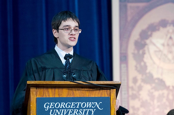 James Pavur speaks during senior convocation