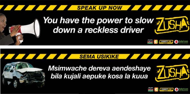 Black stickers with yellow borders read "Speak Up Now: You Have the Power to Slow Down a Reckless Driver.” 