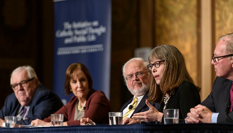 At a table at the Moral Catastrophe event are Robert Bennett,Karen Tumulty, John Carr, Dawn Eden Goldstein and Kevin Byrnes