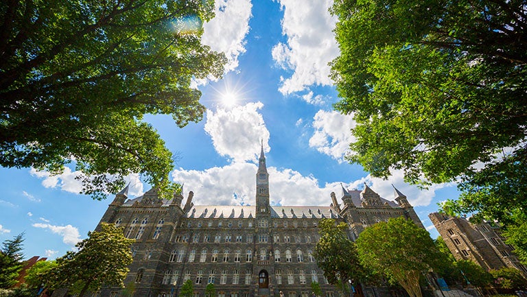 Healy Hall from above with trees