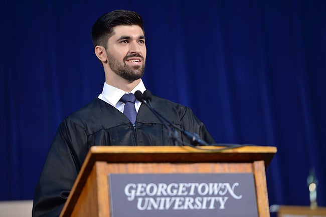 Tomás Álvarez Belón (SFS’18) speaks during New Student Convocation