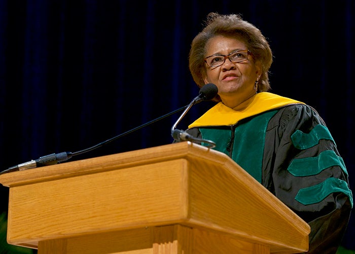 Dr. Worta McCaskill-Stevens speaks to the medical school Class of 2017