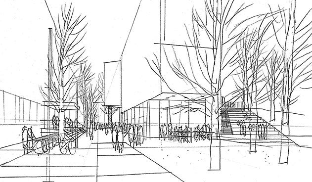 A pencil sketch shows trees, Reiss Science Building on the left and the new residence hall on the right