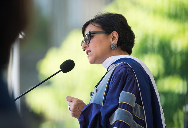 Penny Pritzker speaks to graduate students of the McDonough School of Business.