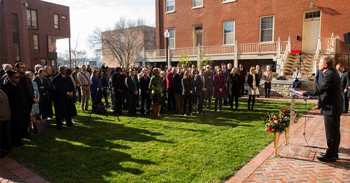 Georgetown community gathers during 2015 renaming of Mulledy and McSherry halls as Freedom and Remembrance Halls