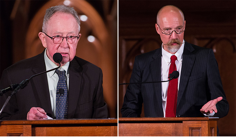 Rev. John O'Malley, S.J. and Kenneth Appold speak at wooden lecterns in a seperate split screen image of the two speakers 