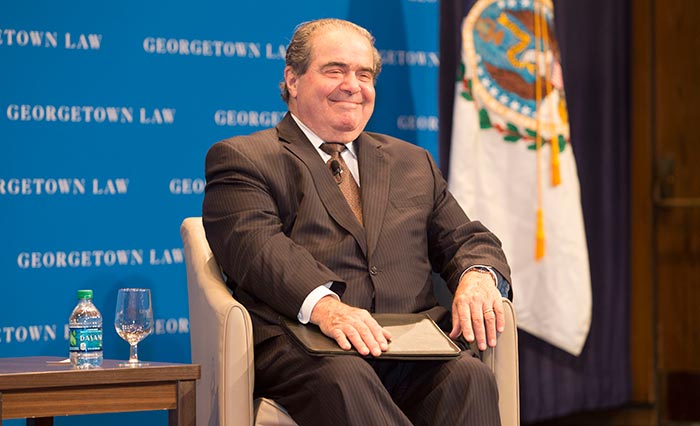 Scalia speaks about legal education and how he writes dissenting opinions with students in mind during a Law Center visit.