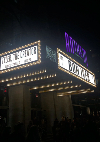 The Anthem Theater marquee announces Tyler the Creator and Bon Iver performing