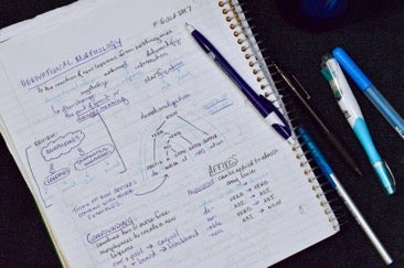 View of full page of notes in a notebook with a collection of pens