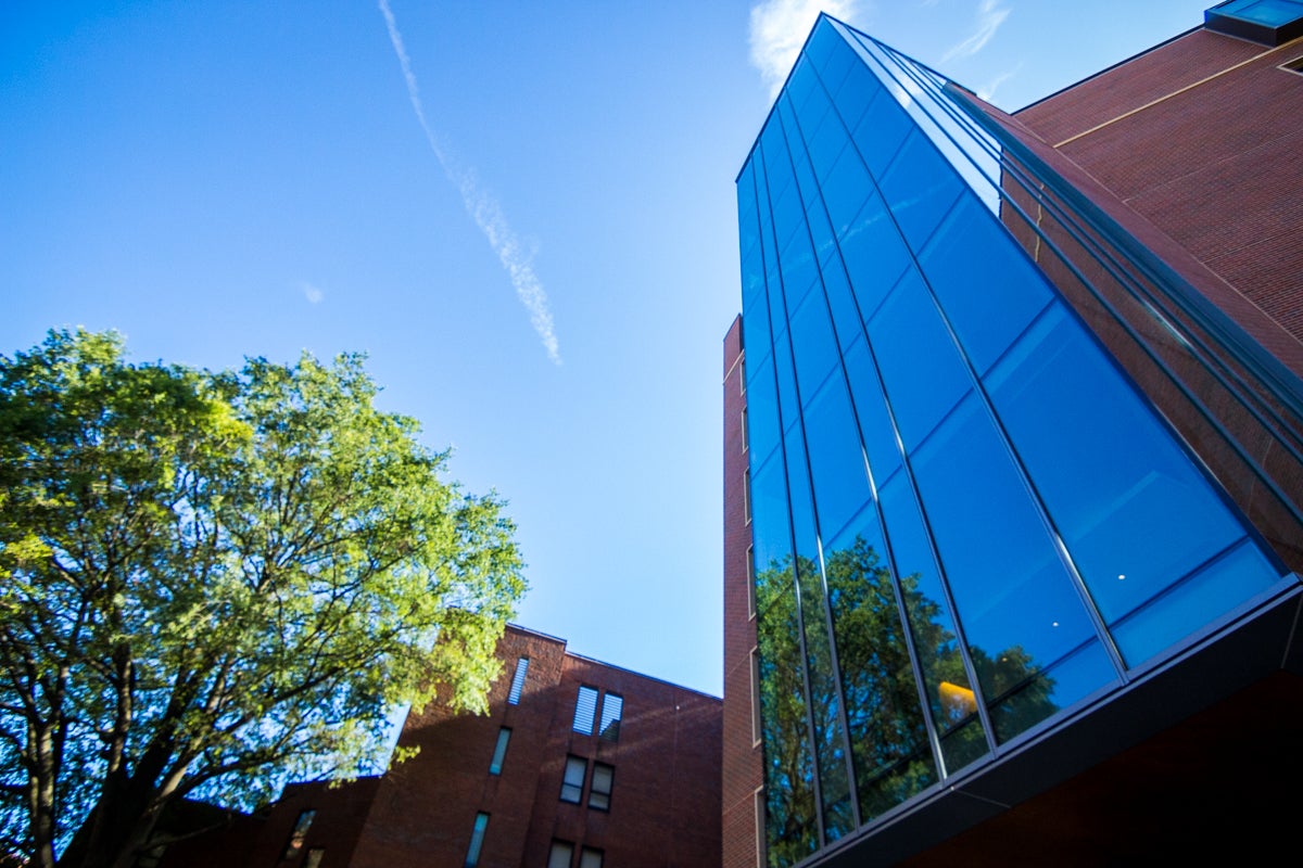 A bright blue sky is reflected in the glass facade of Arrupe Hall