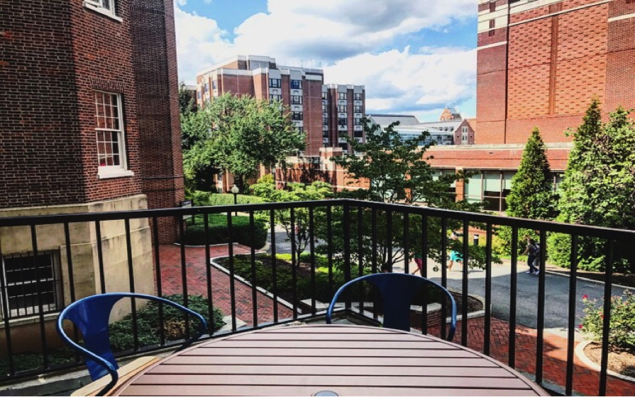 A table sits on the terrace of Old North