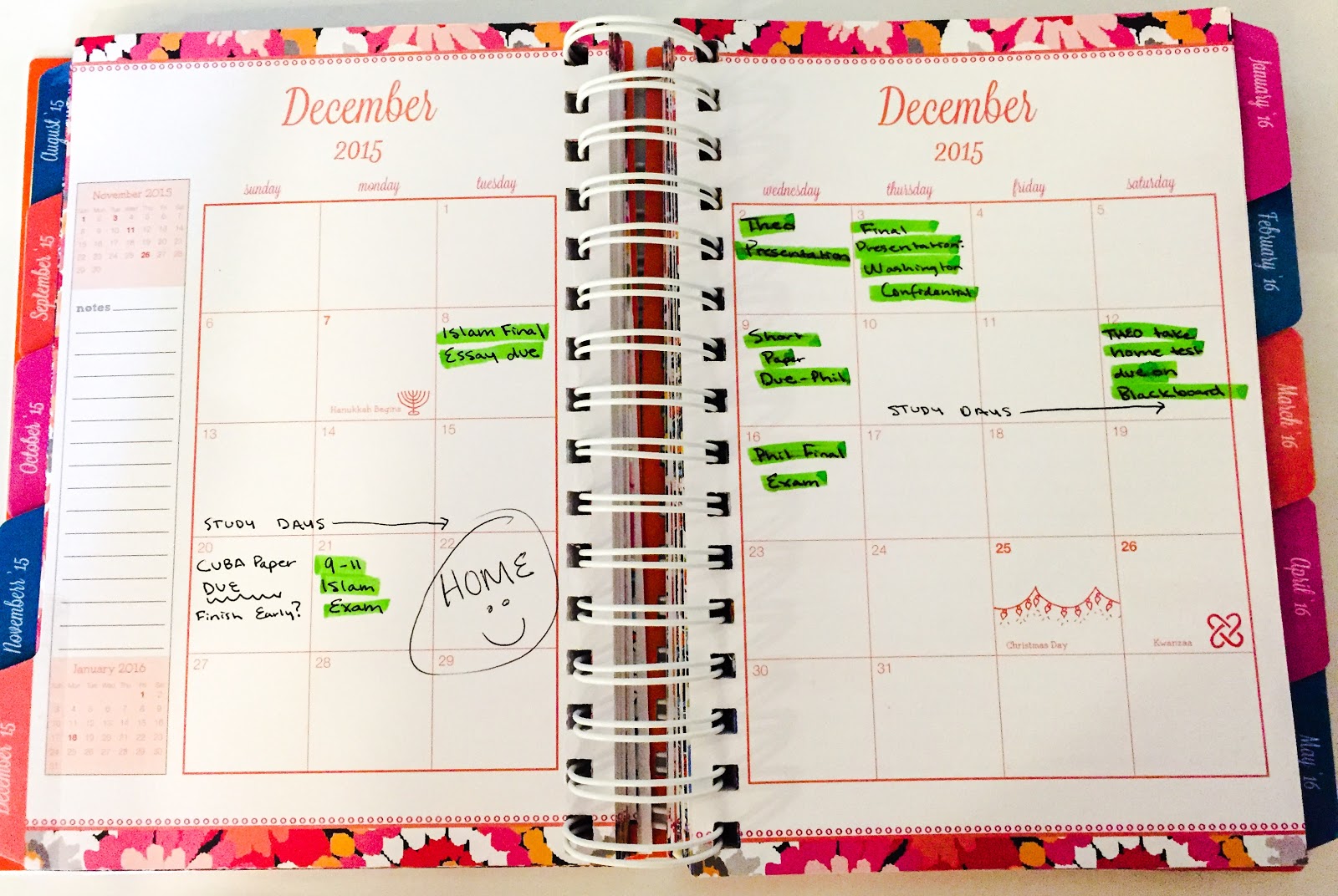 An open notebook showing a full calendar