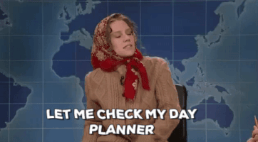 A moving gif of Saturday Night Live actor dressed as an older woman with the text "Let me check my day planner"